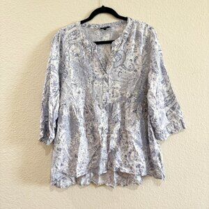 Jones & Co 1X Blue and White paisley button down shirt Linen Blend